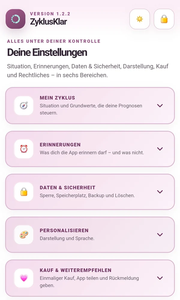 ZyklusKlar-Einstellungen mit Bereichen für Erinnerungen und Daten und Sicherheit