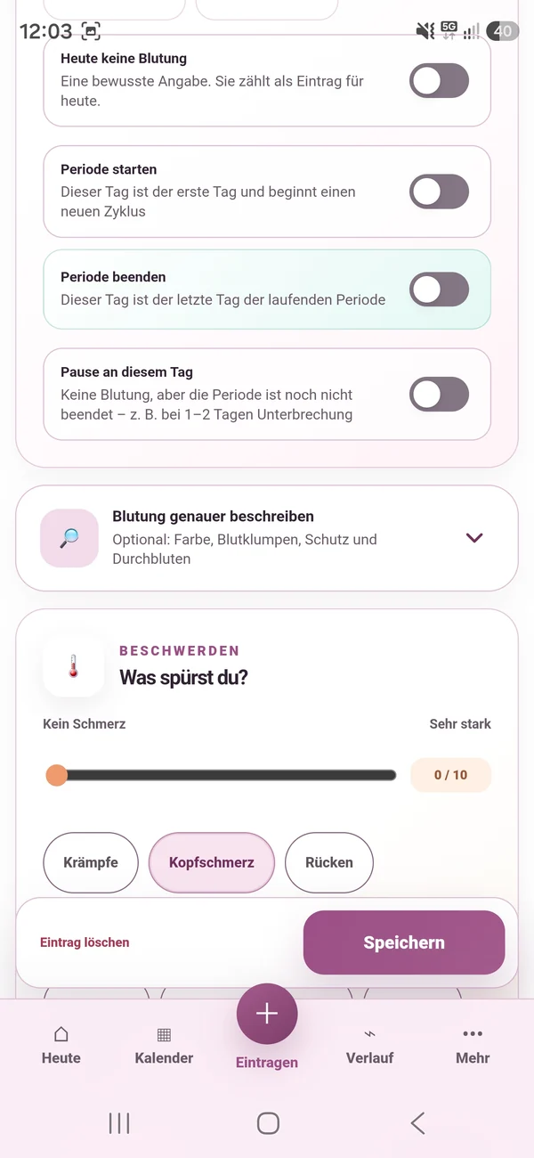 Tagesformular mit getrennten Angaben zu Blutung, Periodenbeginn, Periodenende und Pause