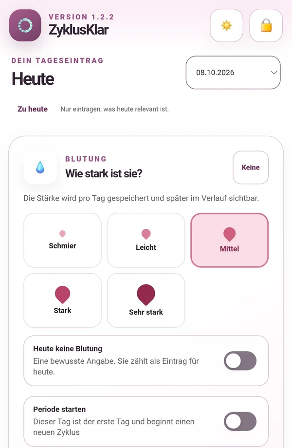 Tagesansicht zum Eintragen der Blutungsstärke