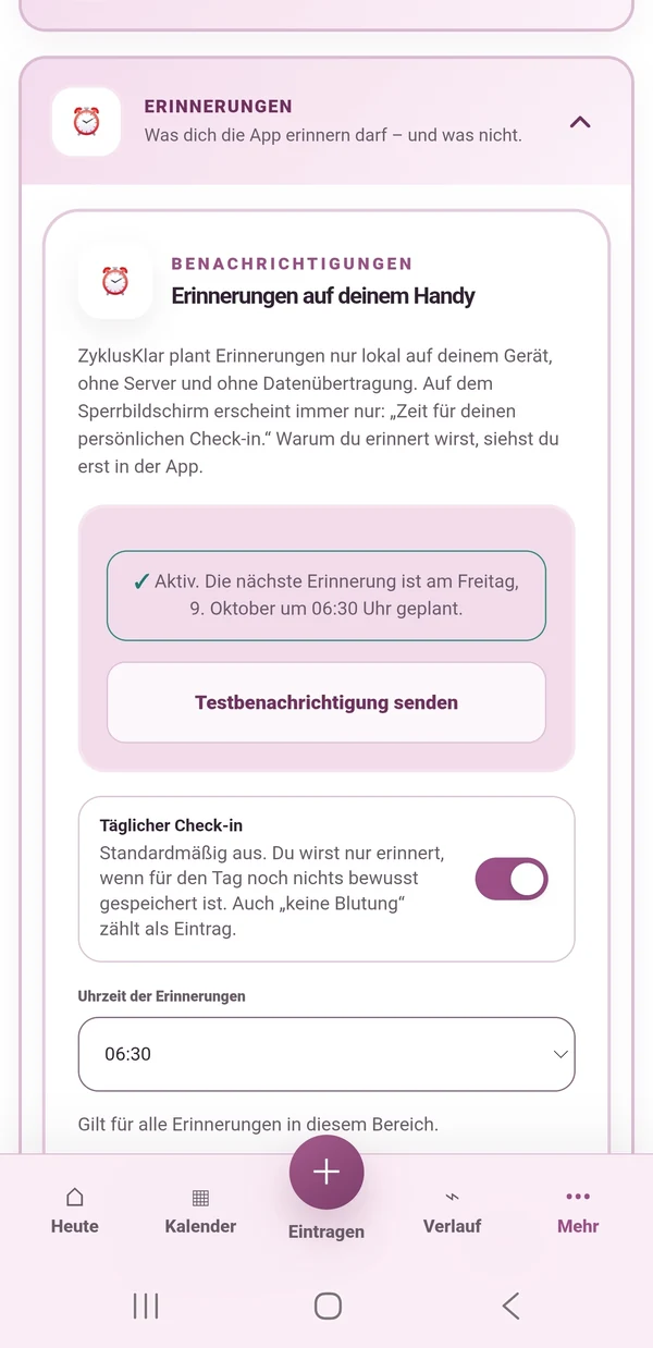 Einstellungen für lokale neutrale Erinnerungen und täglichen Check-in
