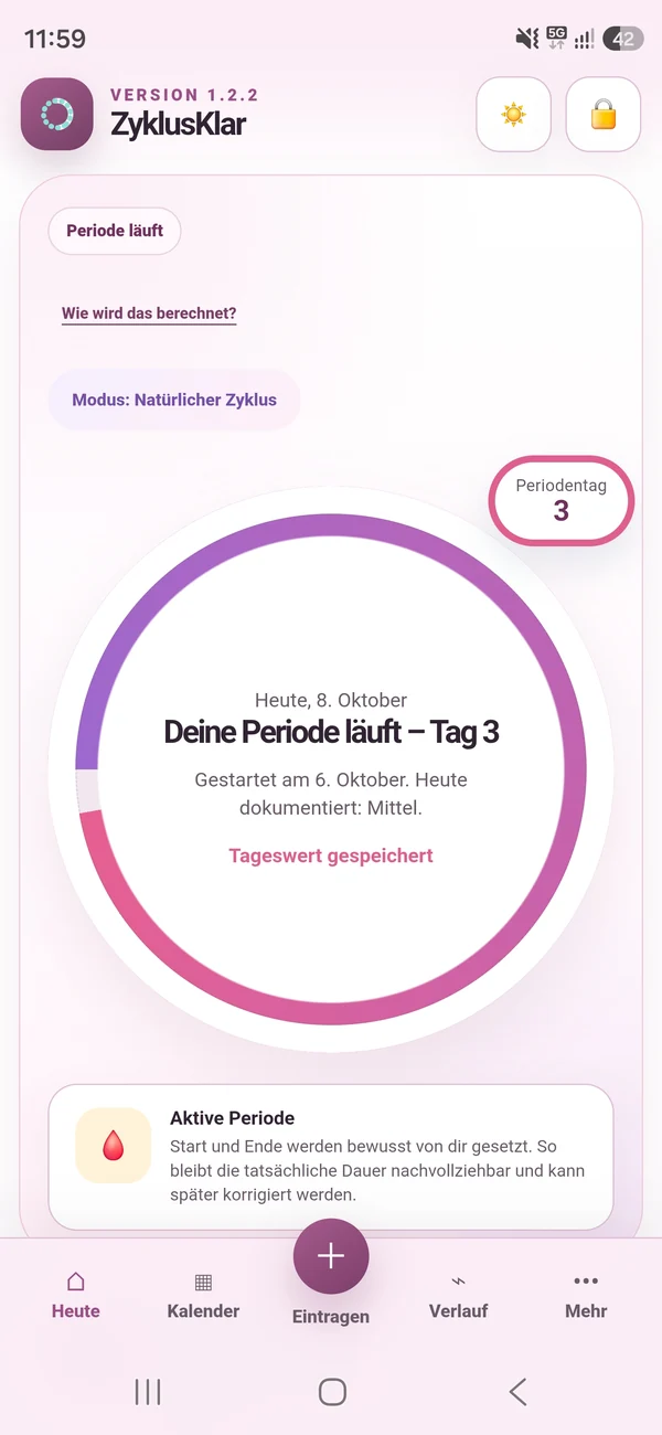 ZyklusKlar 1.2.2: Heute-Ansicht mit laufender Periode an Tag 3