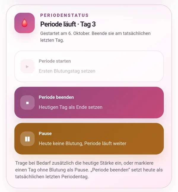 Original-App mit den getrennten Aktionen Periode beenden und Pause