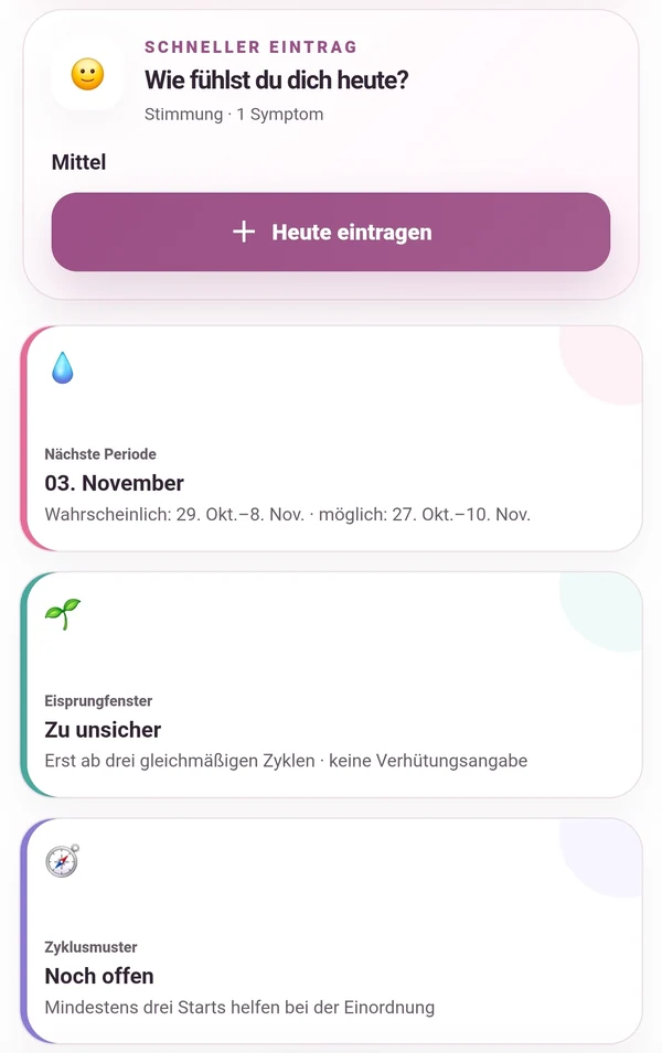 Original-App zeigt Eisprungfenster als zu unsicher und Zyklusmuster als noch offen