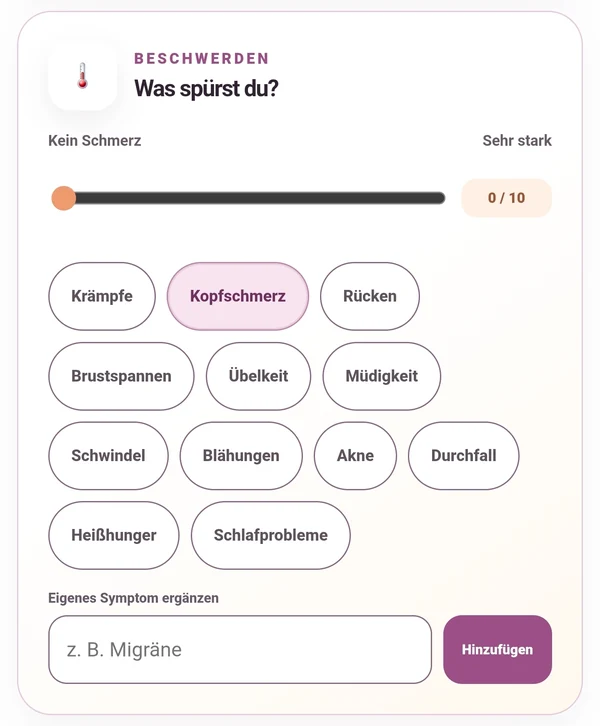 Ansicht für Beschwerden mit Schmerzskala und Symptomauswahl